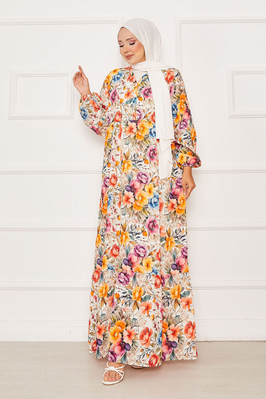 Çiçekli Yarım Düğmeli Tesettür Elbise Turuncu
