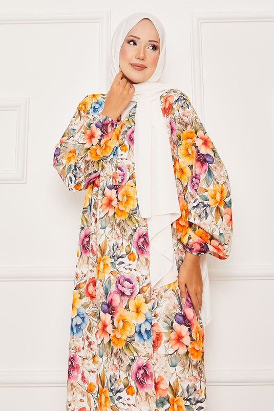 Çiçekli Yarım Düğmeli Tesettür Elbise Turuncu