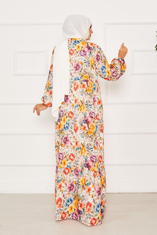 Çiçekli Yarım Düğmeli Tesettür Elbise Turuncu