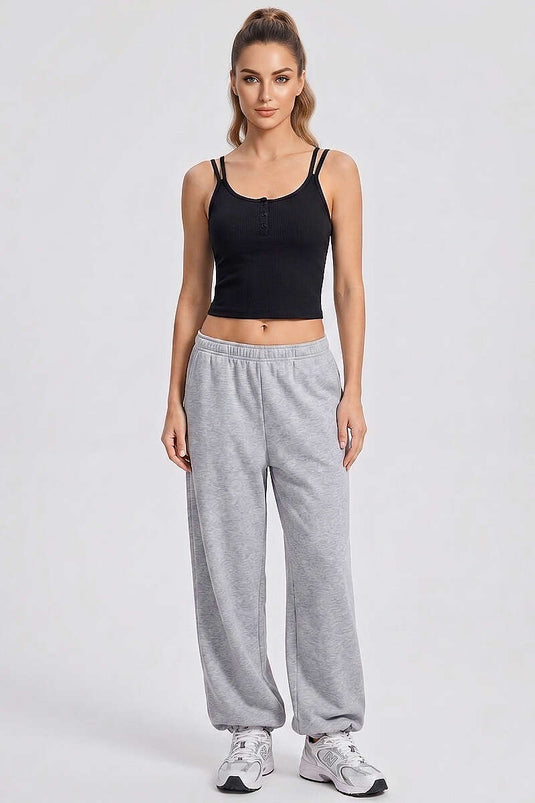 Double-Strap Buttoned Black Crop Top