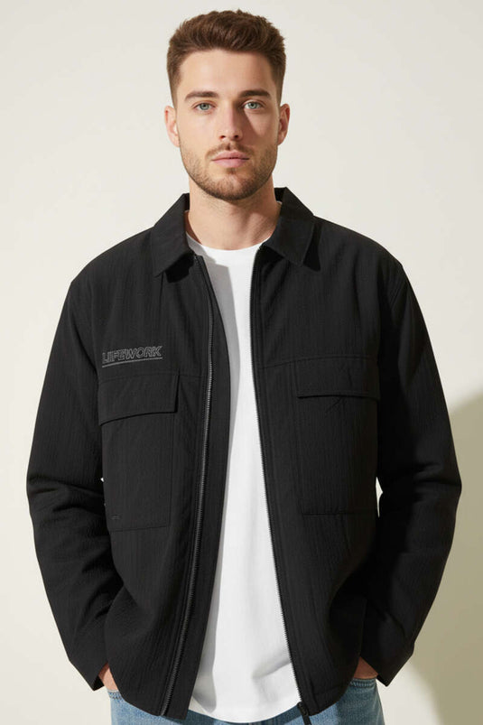 معطف رجالي بسحاب وتفاصيل جيب مزدوج أسود