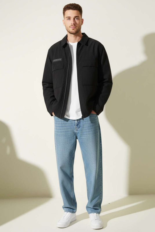 معطف رجالي بسحاب وتفاصيل جيب مزدوج أسود