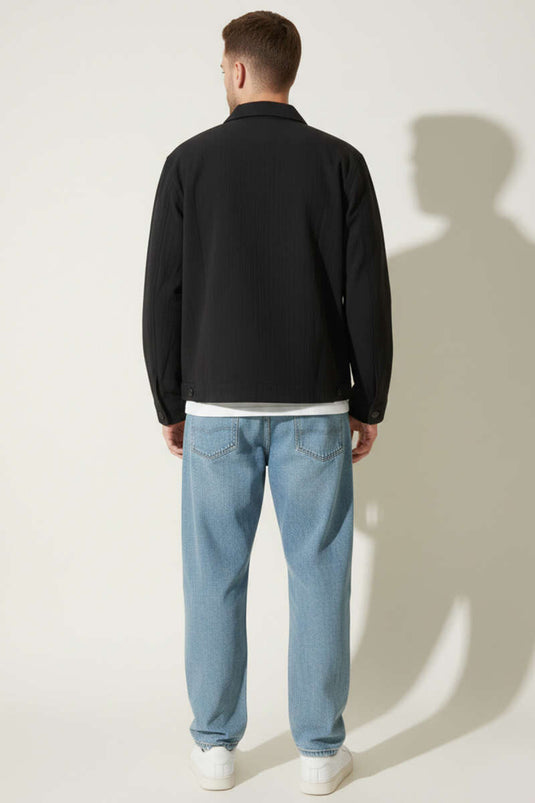 معطف رجالي بسحاب وتفاصيل جيب مزدوج أسود