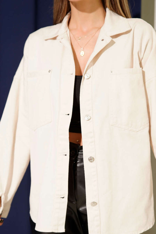 جاكيت جينز بتفاصيل جيب مزدوج (لون حجري)