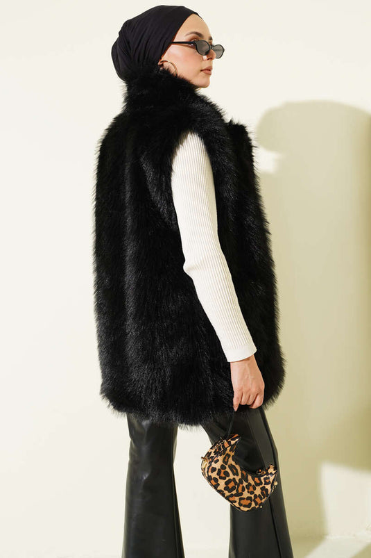 Double Pocket Detailed Fur Vest Black