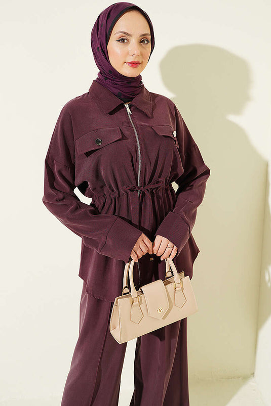 Ensemble double en tensel prune avec ceinture à tunnel et double poche à rabat