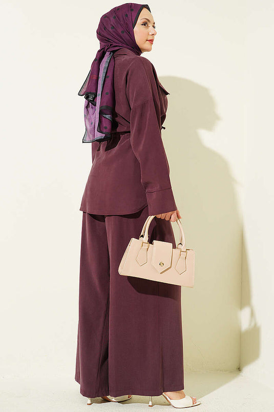 Ensemble double en tensel prune avec ceinture à tunnel et double poche à rabat