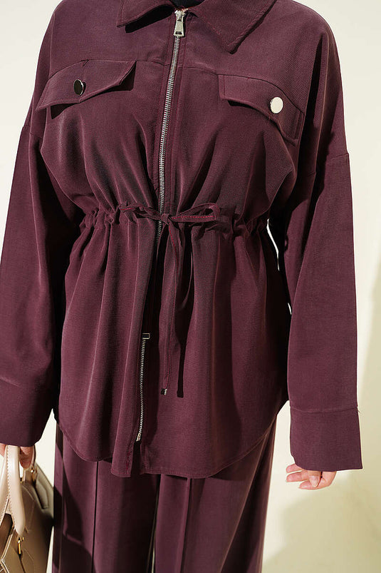 Ensemble double en tensel prune avec ceinture à tunnel et double poche à rabat