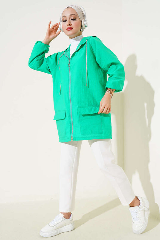 Çift Cep Kapaklı Fermuarlı Kap Neon Yeşil