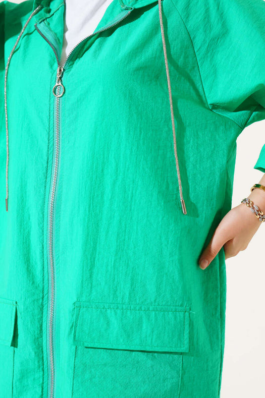 Çift Cep Kapaklı Fermuarlı Kap Neon Yeşil