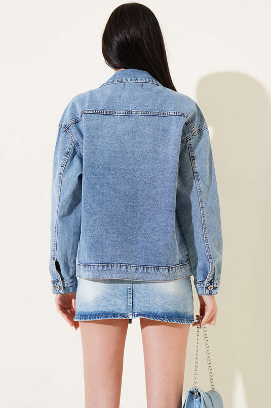 سترة جينز قصيرة بجيب مزدوج أزرق