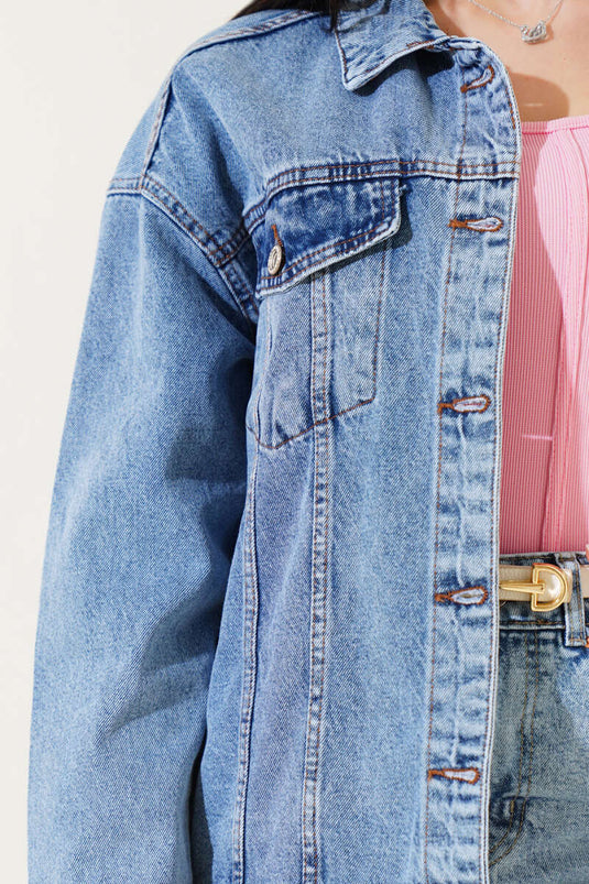 سترة جينز قصيرة بجيب مزدوج أزرق