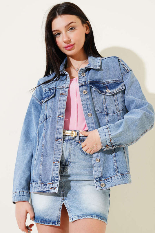 سترة جينز قصيرة بجيب مزدوج أزرق