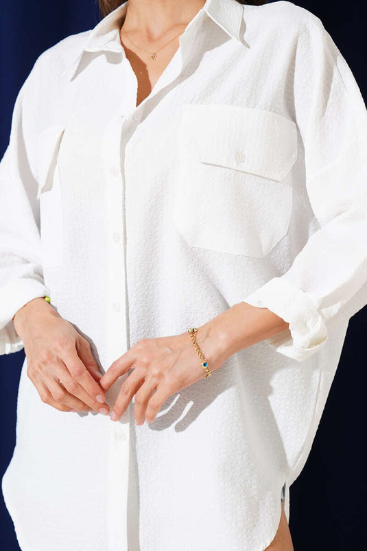 Double Pocket Flap Casual Seersucker Shirt White