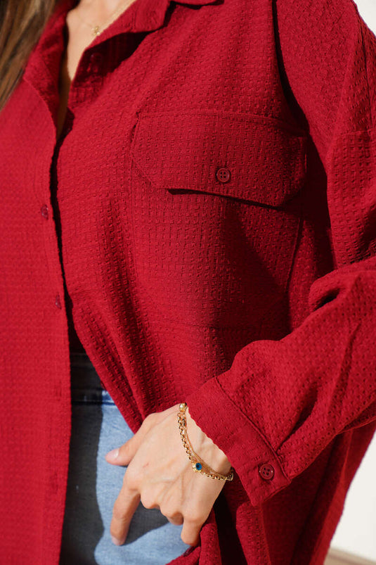 Double Pocket Flap Casual Seersucker Shirt Burgundy