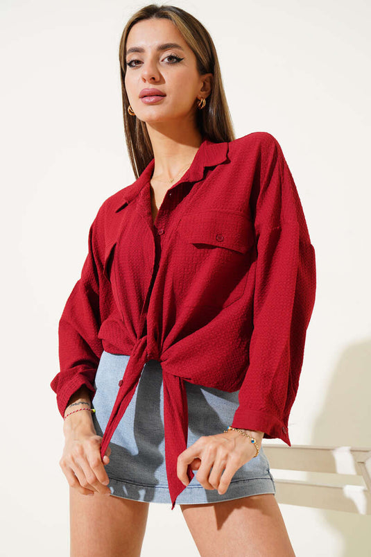 Double Pocket Flap Casual Seersucker Shirt Burgundy