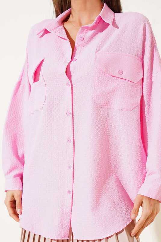 Double Pocket Flap Casual Seersucker Shirt Pink