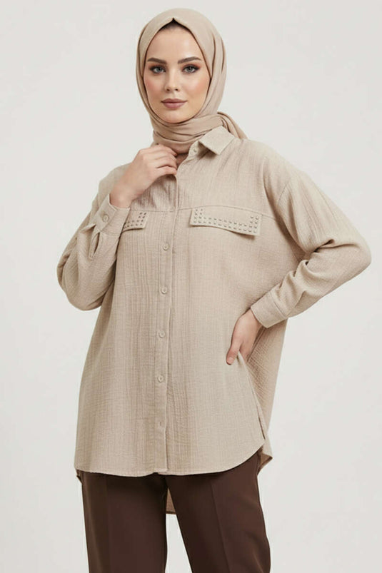 تونيك بجيبين مزدوجين مع أزرار معدنية بلون البيج