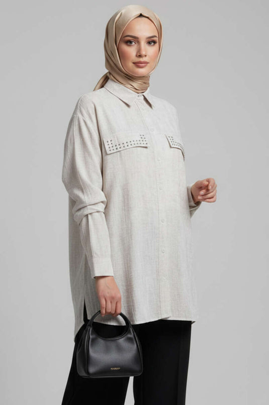 تونيك مزين بدبابيس مع جيبين بغطاء، لون حجر