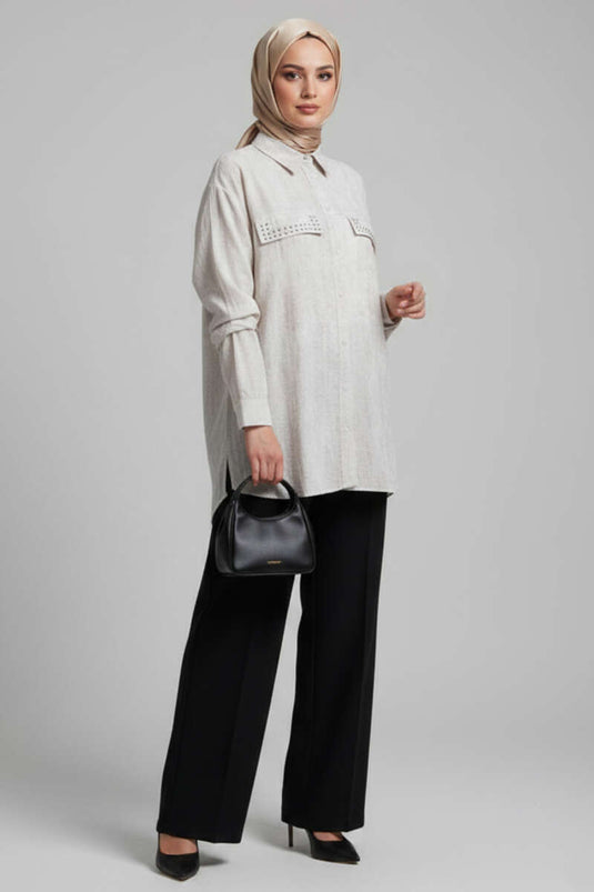 تونيك مزين بدبابيس مع جيبين بغطاء، لون حجر