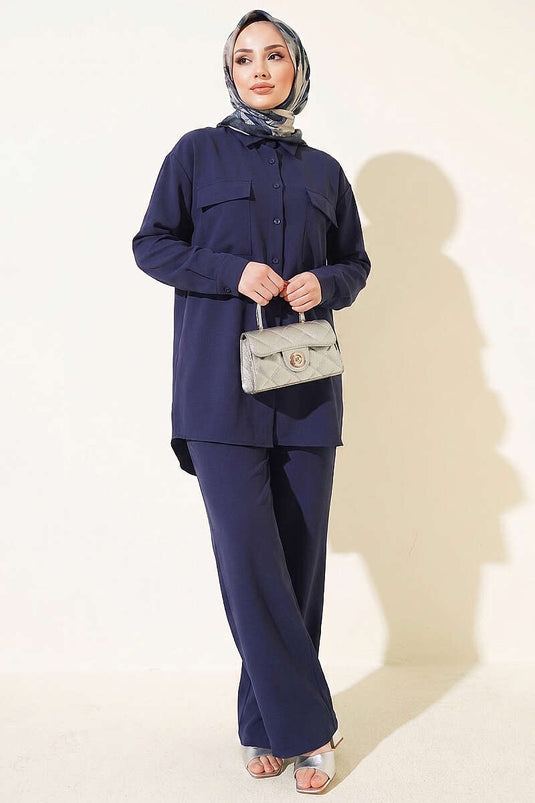 Double Pocket Basic Two-Piece Set Navy Blue