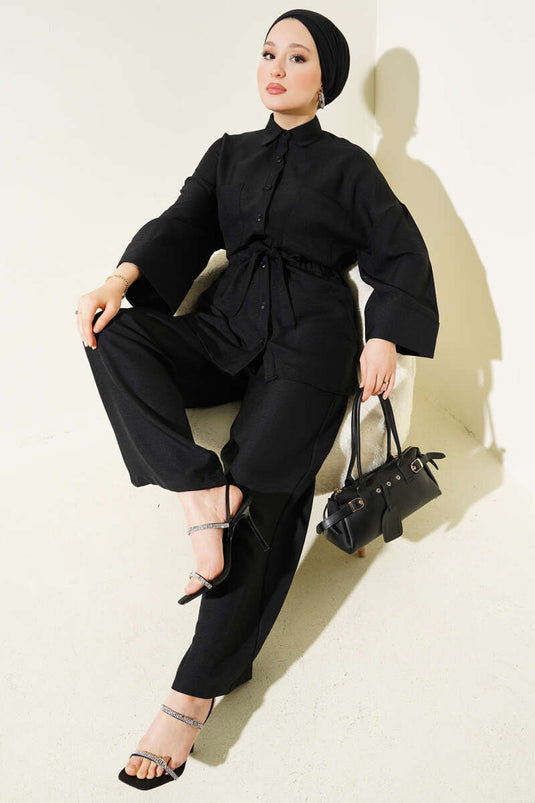 Double Pocket Waist Tie Two Piece Suit Black