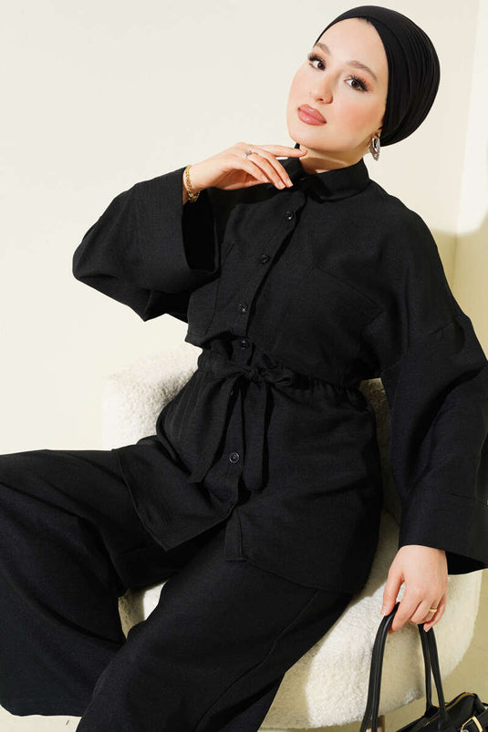 Costume deux pièces noir à double poche et ceinture à nouer