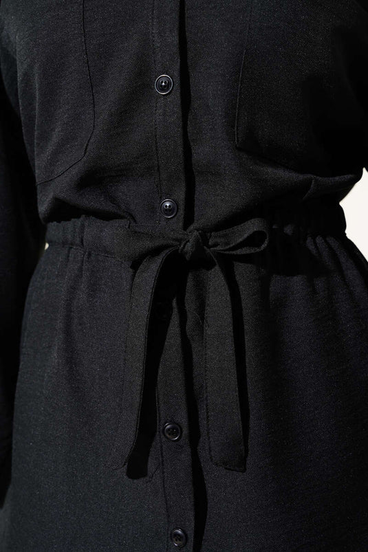 Double Pocket Waist Tie Two Piece Suit Black