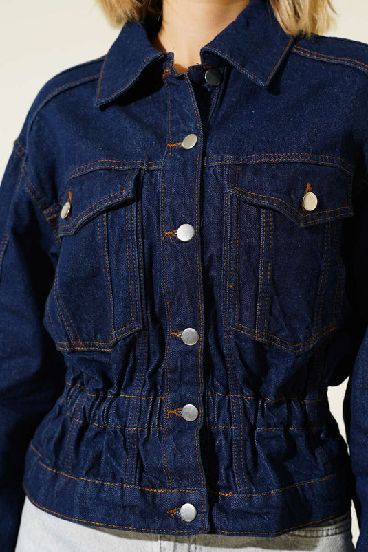 Veste en jean bleu marine avec double poche et taille élastiquée