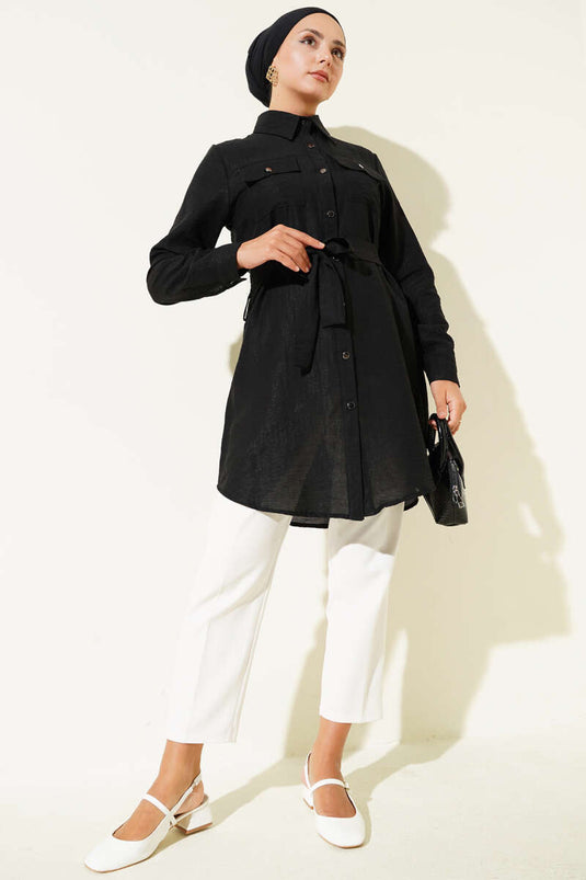 Tuniek met dubbele zakken en tailleband, zwart