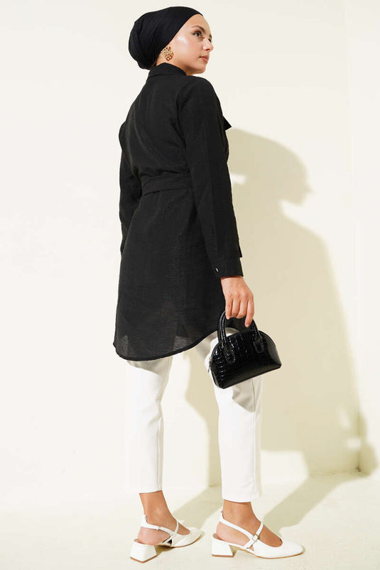 Tuniek met dubbele zakken en tailleband, zwart