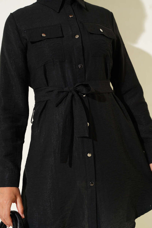 Tuniek met dubbele zakken en tailleband, zwart