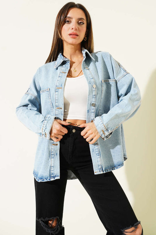 جاكيت جينز بتفاصيل جيب مزدوج، لون أزرق جينز