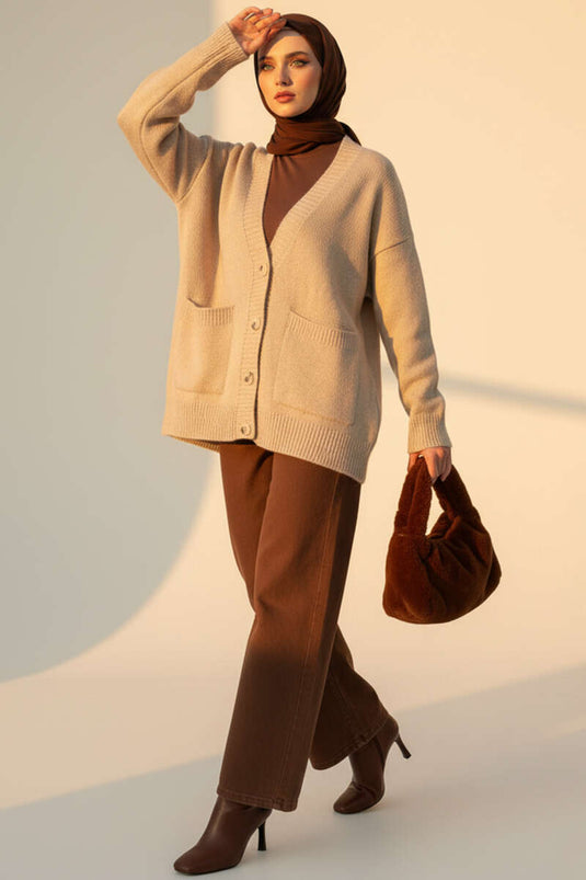 Gilet En Maille Beige À Double Poche Et Boutons