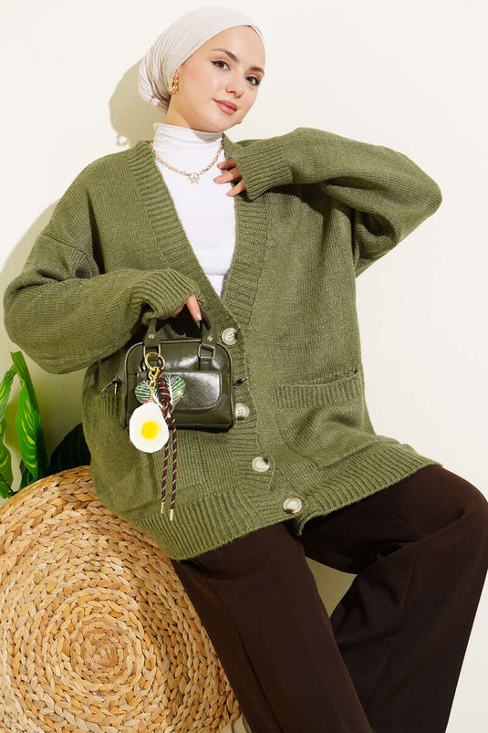 Gilet En Maille À Double Poches Et Boutons, Vert Sauge