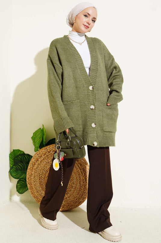 Gilet En Maille À Double Poches Et Boutons, Vert Sauge