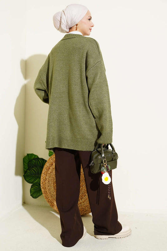 Gilet En Maille À Double Poches Et Boutons, Vert Sauge