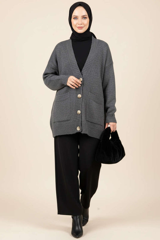 Çift Cepli Düğmeli Triko Hırka Füme