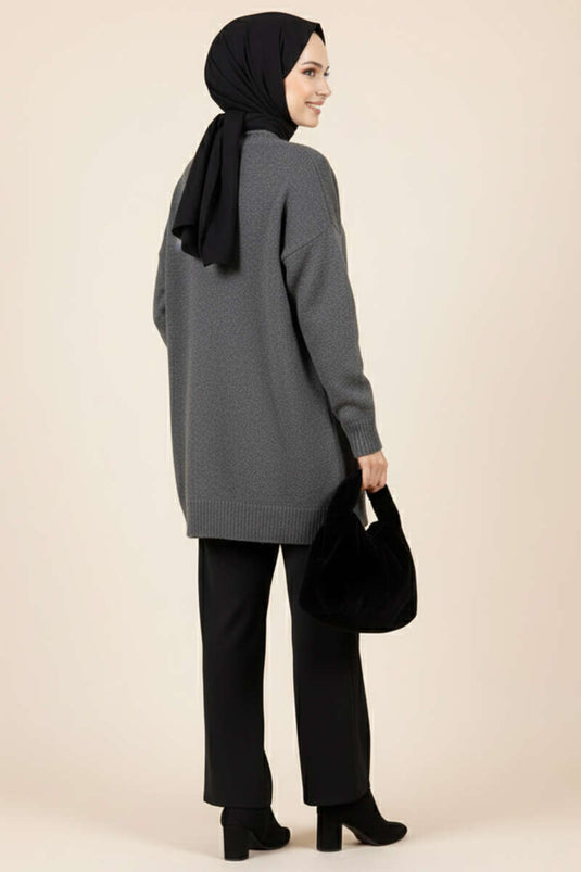 Çift Cepli Düğmeli Triko Hırka Füme