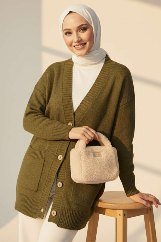 Cardigan in maglia con bottoni e doppia tasca color cachi