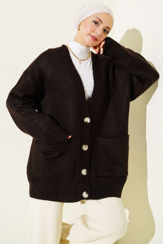 Gilet En Maille Marron À Double Poches Et Boutons