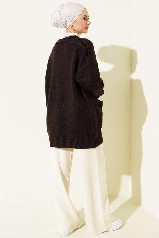 Gilet En Maille Marron À Double Poches Et Boutons