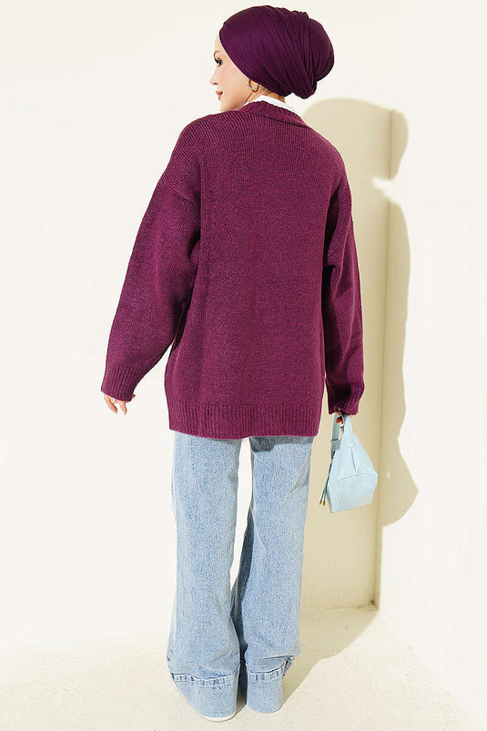 Gilet En Maille Violet À Double Poche Et Boutons