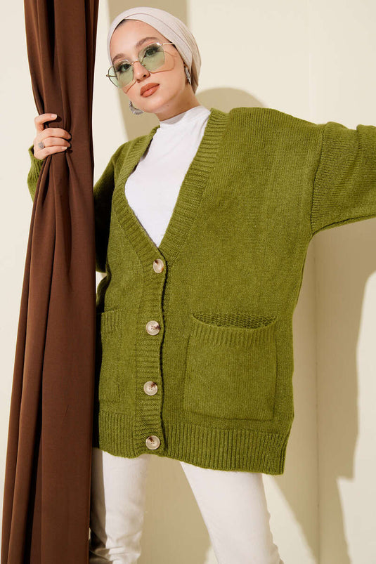 Gilet En Maille À Double Poches Et Boutons, Vert Olive