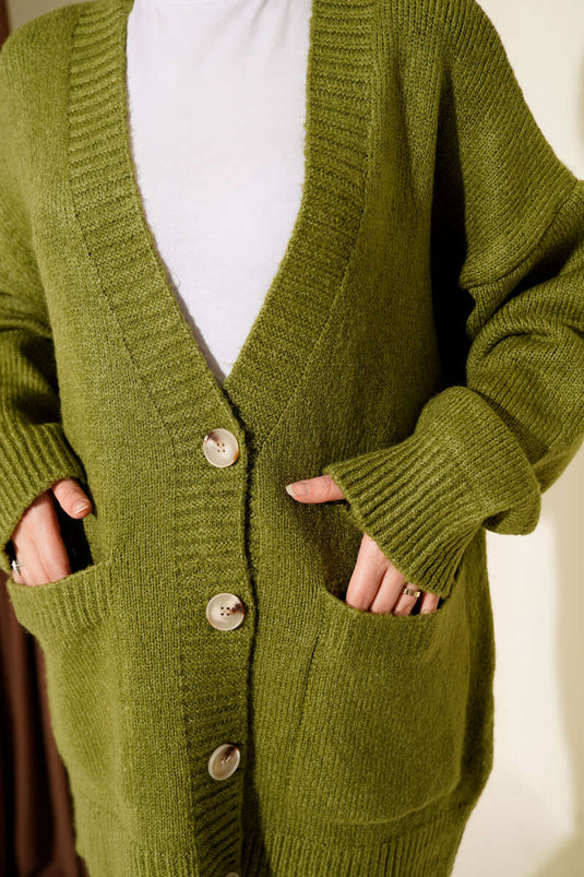 Gilet En Maille À Double Poches Et Boutons, Vert Olive