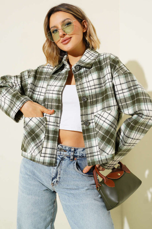 Double Pocket Plaid Short Jacket, Khaki