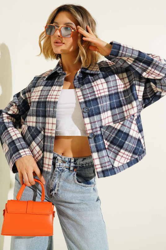 Double-Pocket Plaid Short Jacket, Navy Blue