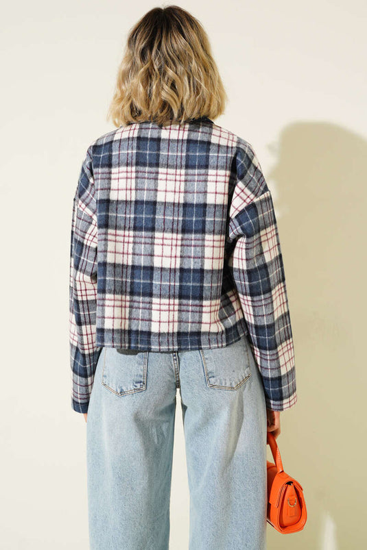 Double-Pocket Plaid Short Jacket, Navy Blue