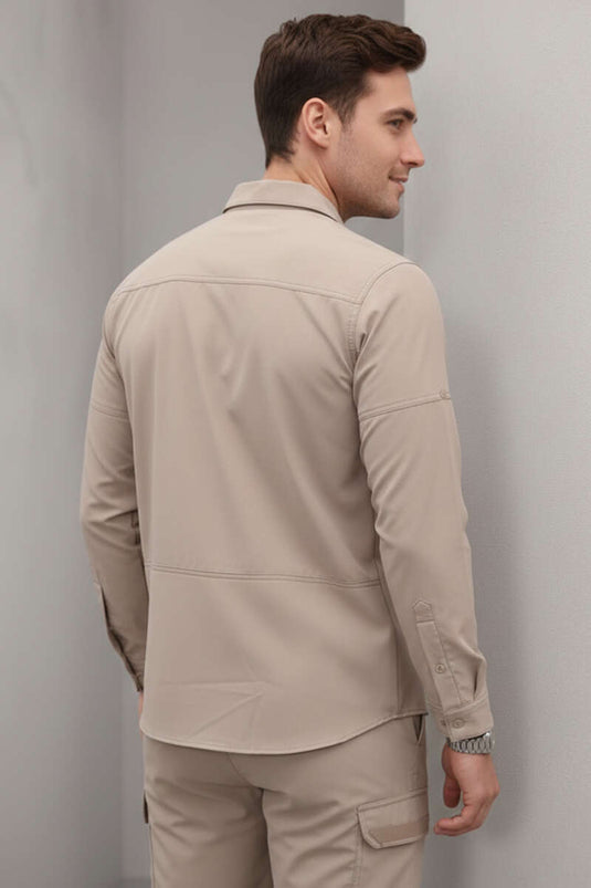 Chemise de chasseur pour homme à double poche beige