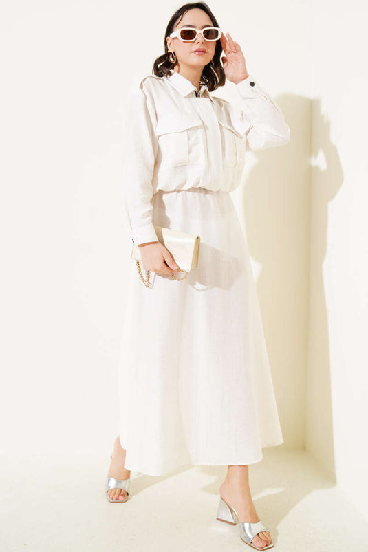 Çift Cepli Fermuarlı Etekli İkili Takım Ekru